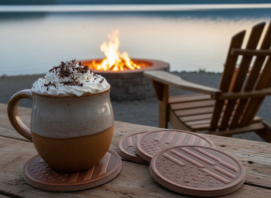 Mug of hot chocolate on American patriotic leather coasters.