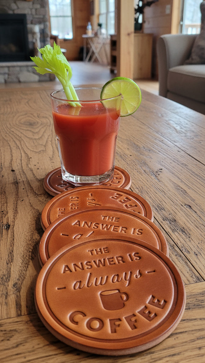 Glass of Bloody Mary with celery and lime on a coaster set with 'The Answer is Always Coffee' design.