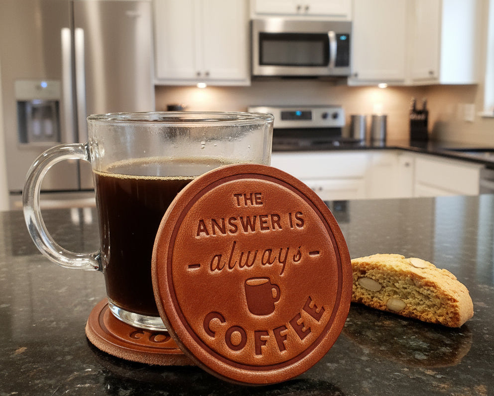 Clear mug of coffee on leather coffee-embossed coaster