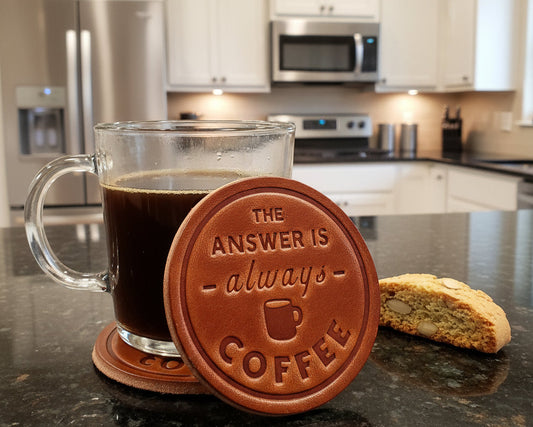 Clear mug of coffee on leather coffee-embossed coaster