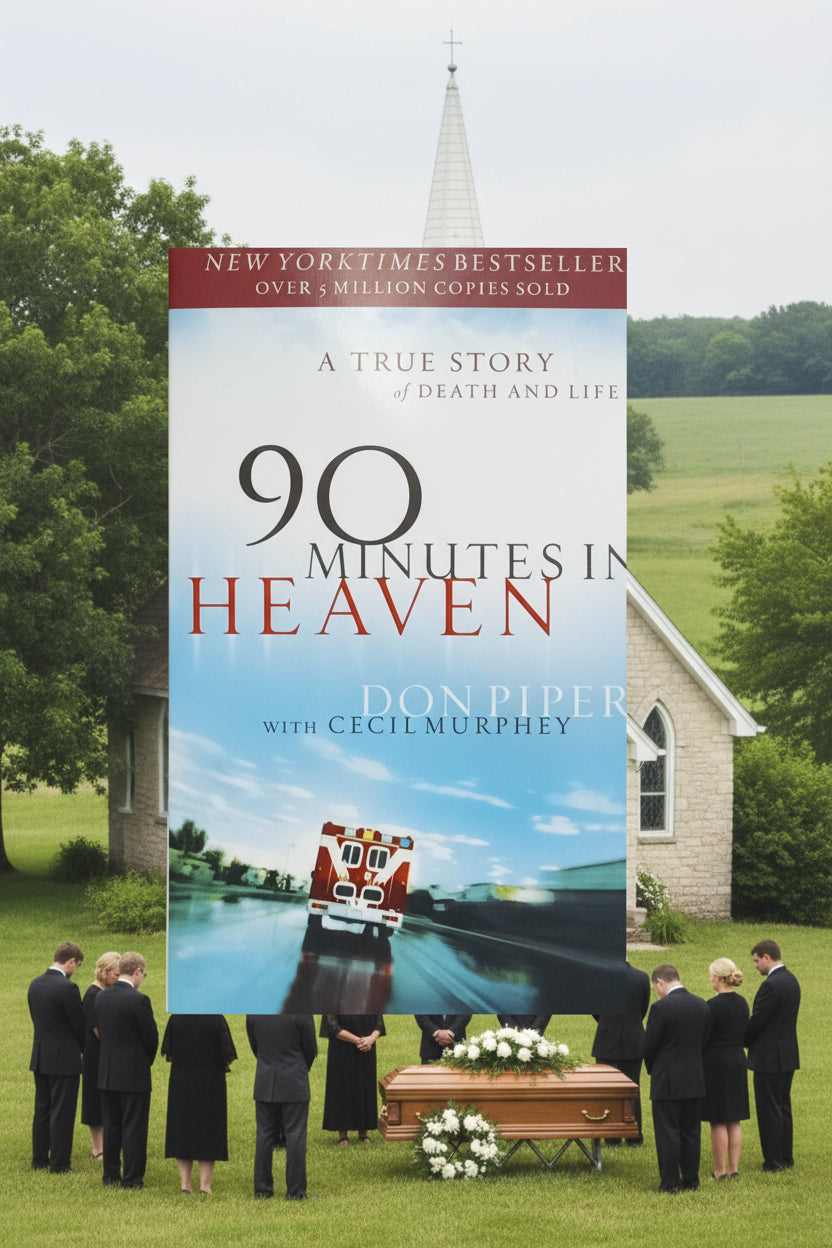 Book titled '90 Minutes in Heaven' by Don Piper on a wooden surface