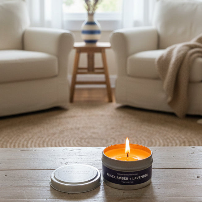 Candle on a wooden table with a cozy living room in the background