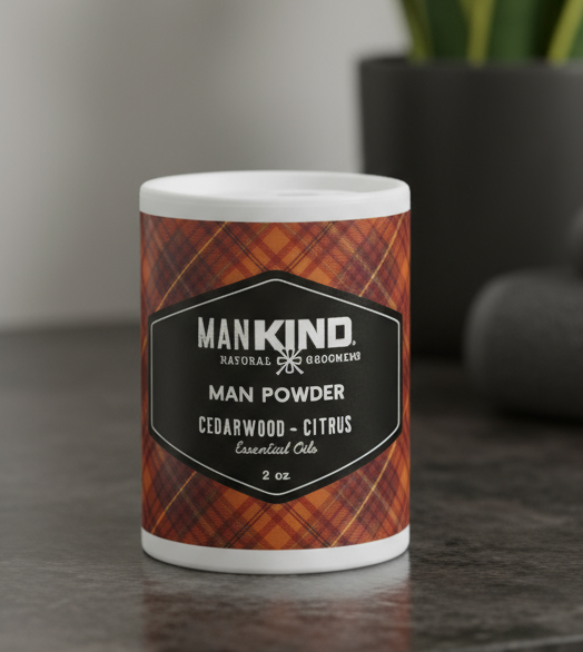 Mankind Man Powder container with plaid design on a white background