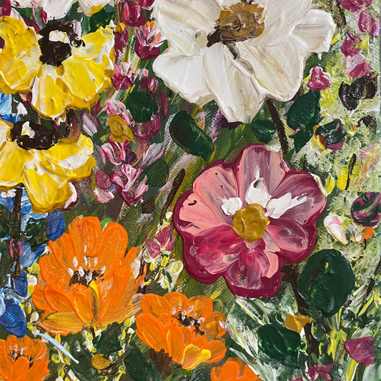 Colorful floral painting with white, yellow, orange, and pink flowers.