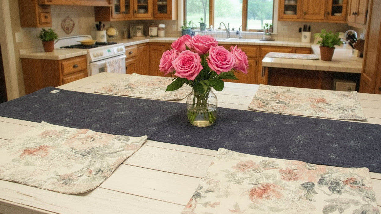 Country kitchen with placemats and runner .