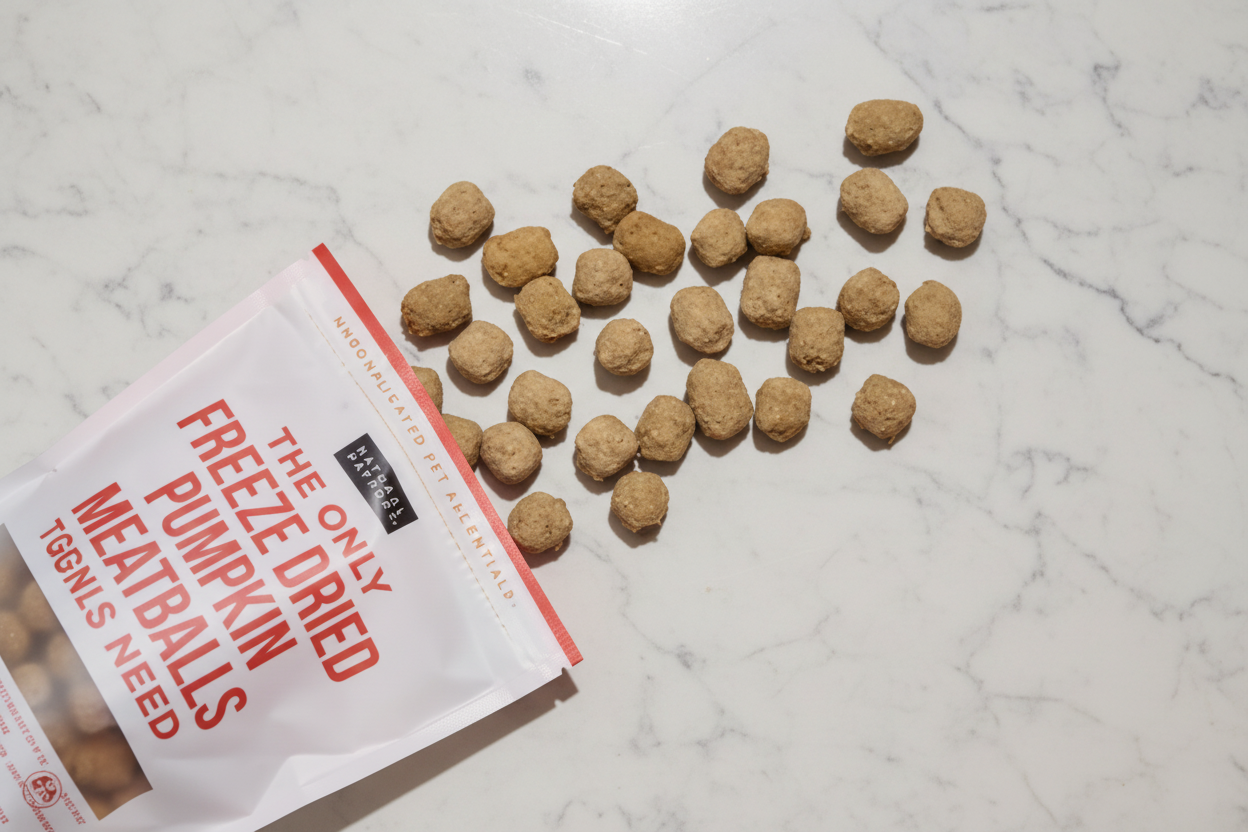 Bag of freeze-dried pumpkin and meatless meat product on a red background