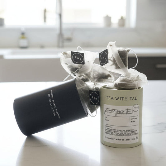 Tea packaging on a kitchen counter with a blurred background
