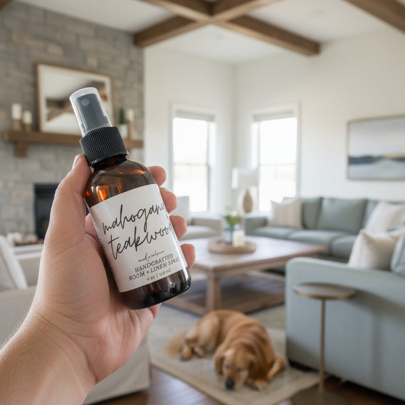 Hand holding a bottle labeled Mahogany Teakwood' with a leather surface in the background