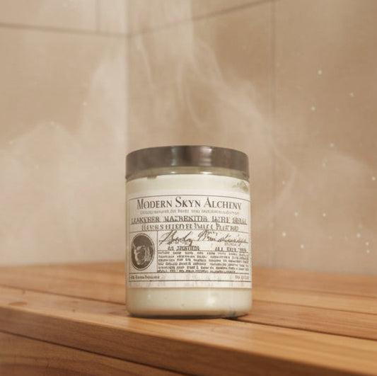 Candle with label on a wooden shelf in a steamy room