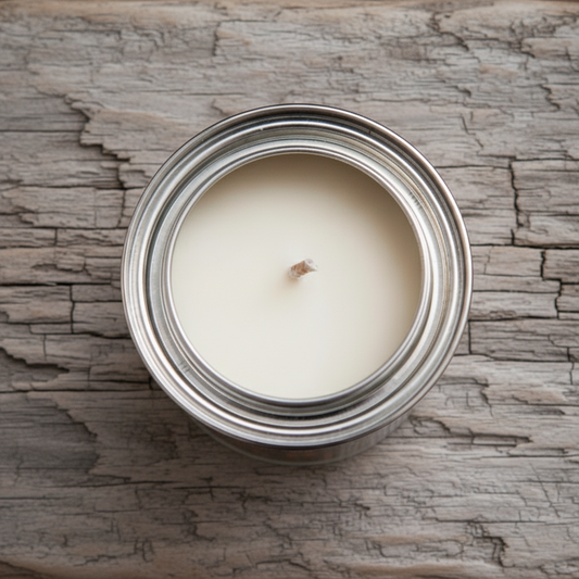 Candle in a glass jar with metal lid on a wooden surface
