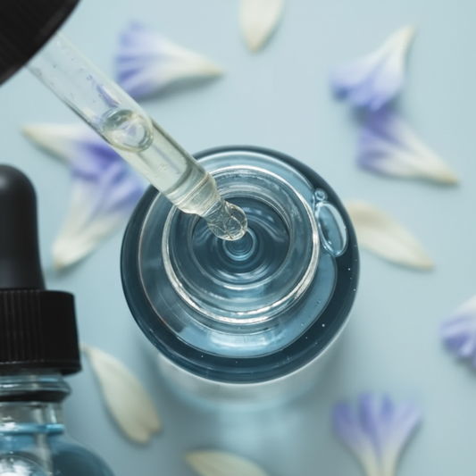 Close-up of a dropper bottle with a blurred background