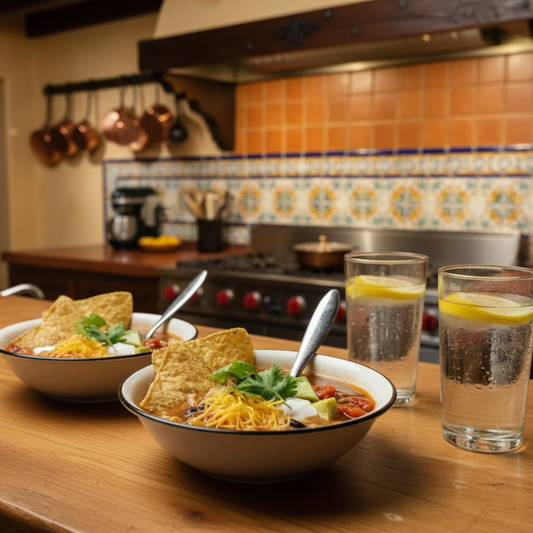 bowl of chili with tortilla chips and a spoon on a wooden table