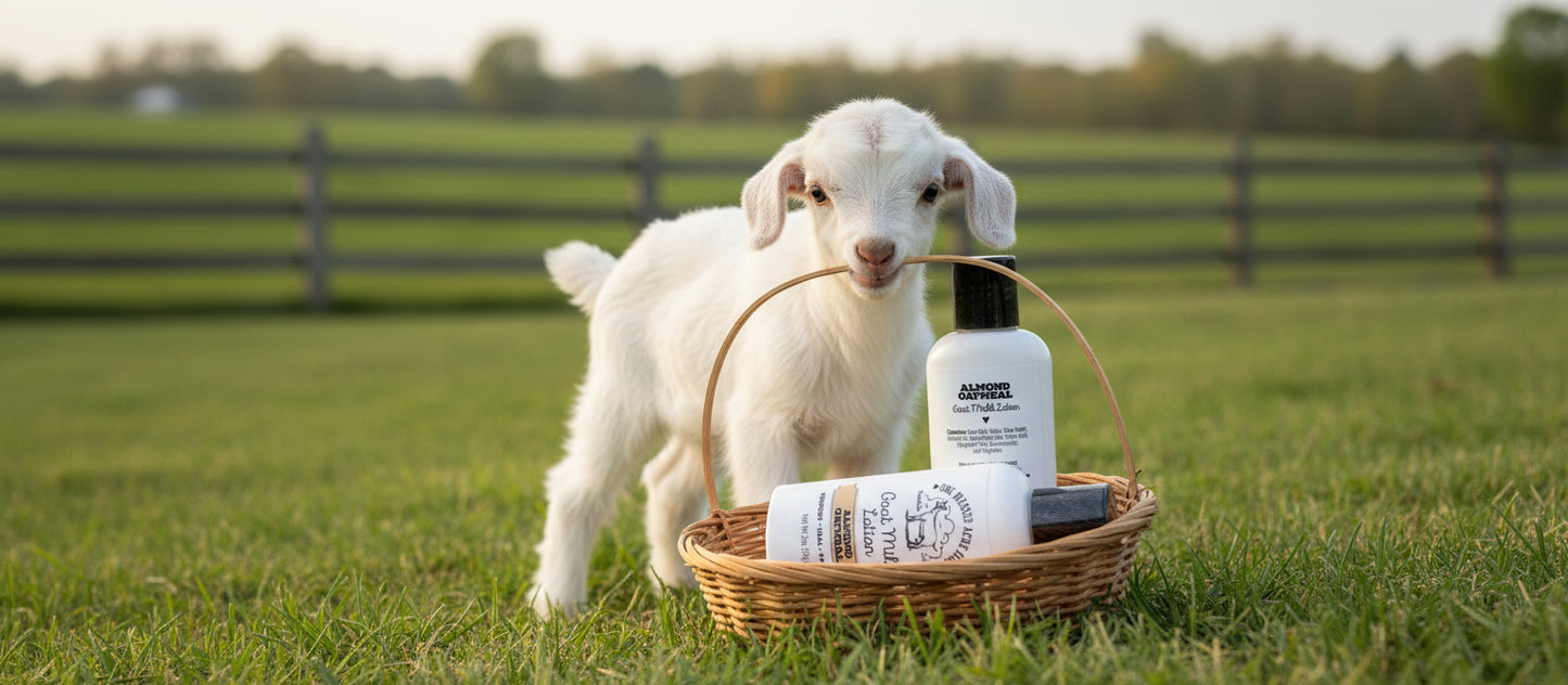 Two bottles of Goat Milk products on a wooden surface.