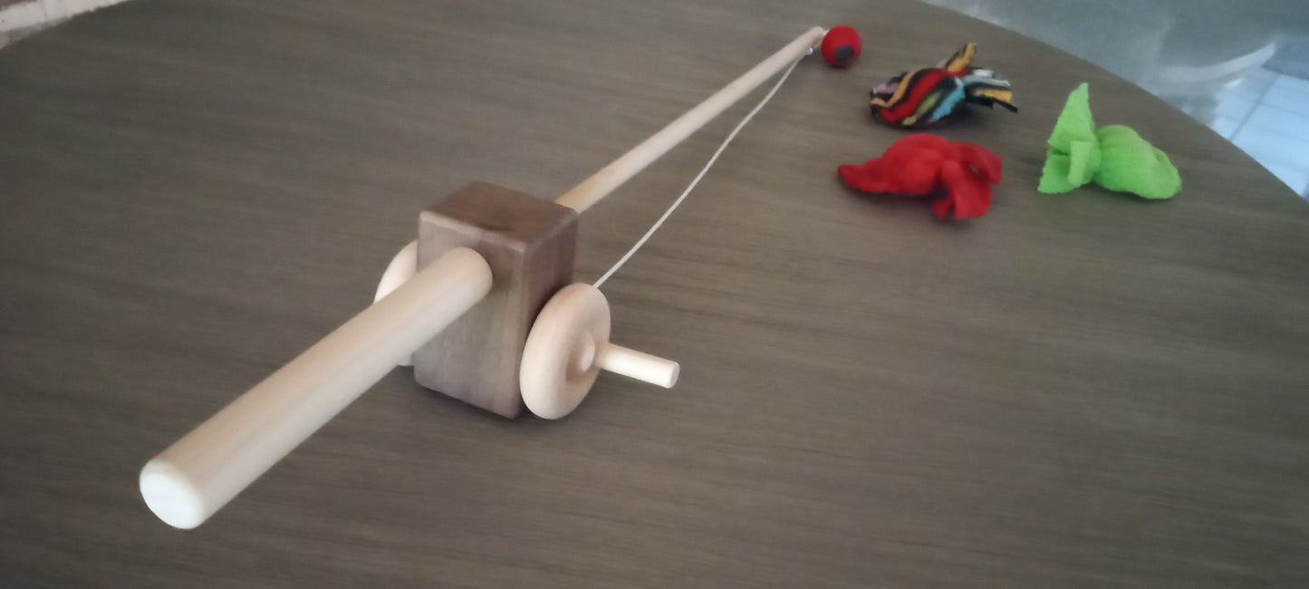 Walnut Toy Fishing Pole with Hook and 3 Fish