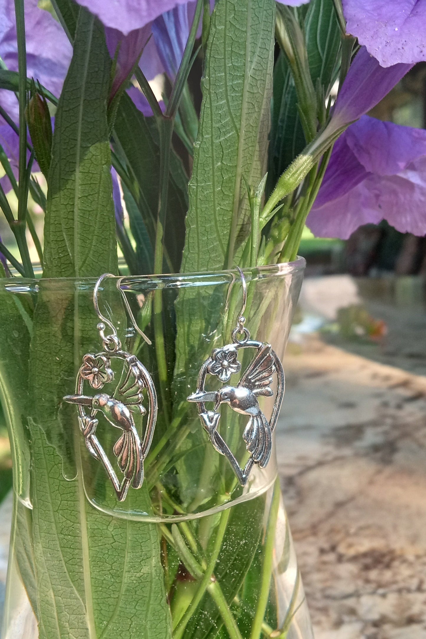 (150) Belva Ann Silver Hummingbird Drop Earrings