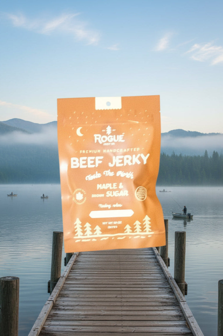 Packet of  Beef Jerky on a lake
