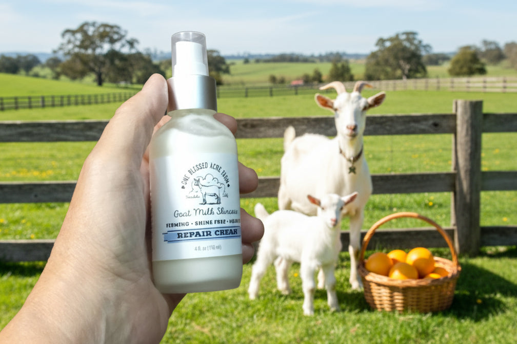 Goat farm, repair cream in the foreground