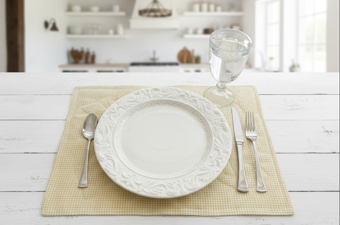 checked placemat setting on white table