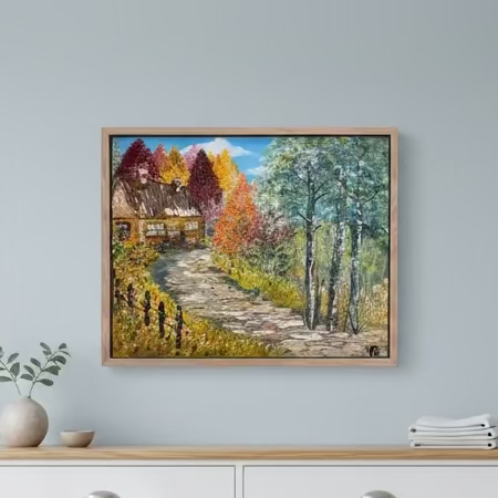 Painting of a wooden cabin along a path with trees in autumn colors.
