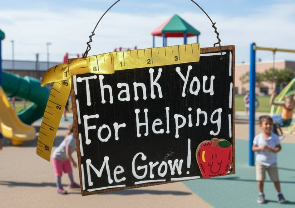 Small blackboard sign with 'Thank You For Helping Me Grow!' text and a tape measure, held over a white background.