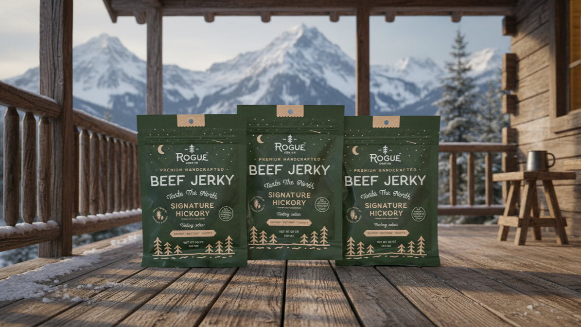 Three packages of Rogue Beef Jerky on a wooden deck with mountain view