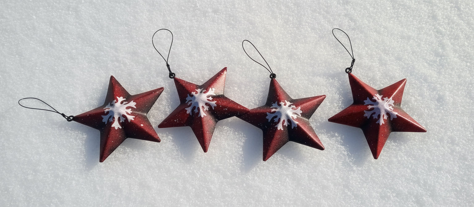 Four red star-shaped ornaments with snowflake designs on a white background