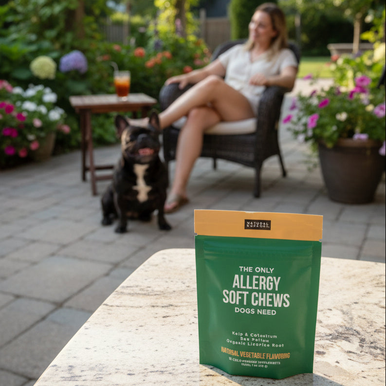 Woman sitting outdoors with a dog, next to a package of allergy soft chews on a table.