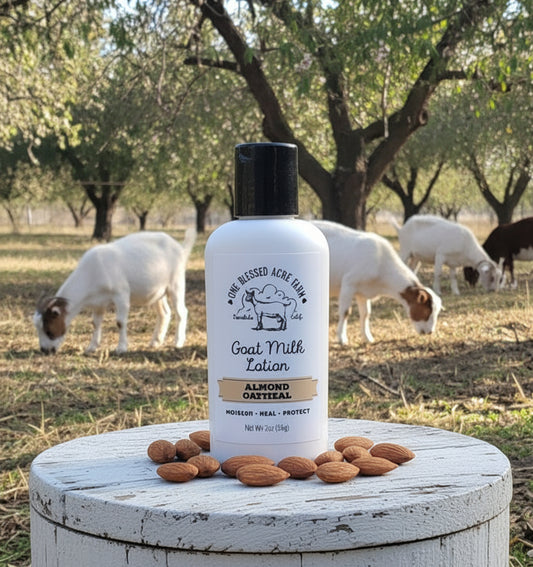 Bottle of 'Cows & Curls' product on a metal stand with goats grazing in the background