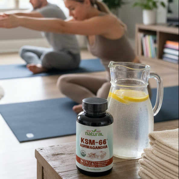 Bottle of KSM-66 Ashwagandha on a wooden surface