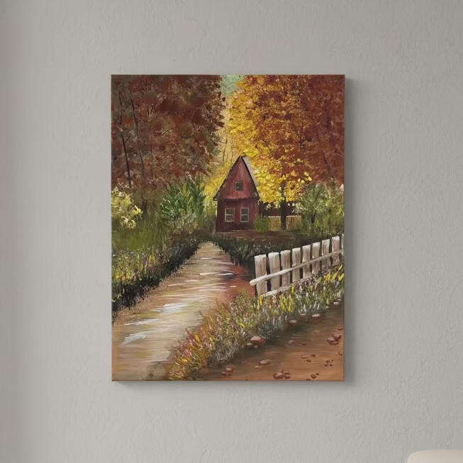 Autumn home in the woods painting