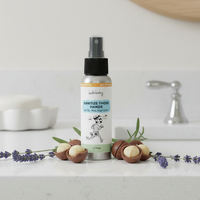 Hand sanitizer spray bottle with a cartoon frog design on a white background