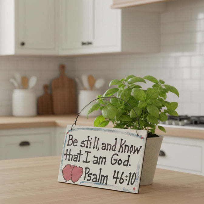 Decorative sign with text 'Be still, and know that I am God. Psalm 46:10' on a fabric background