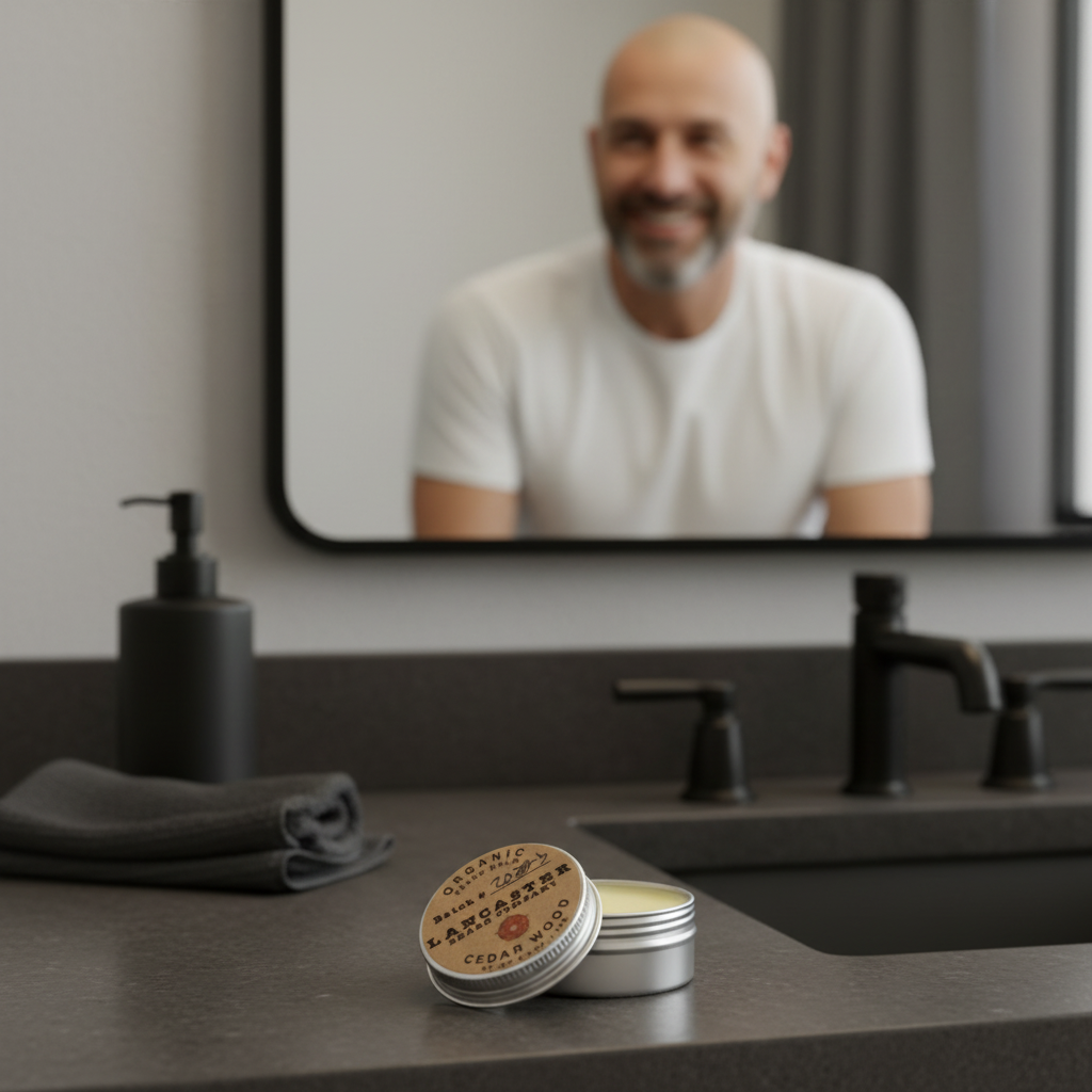 Lancaster Beard Company beard balm on a wooden surface