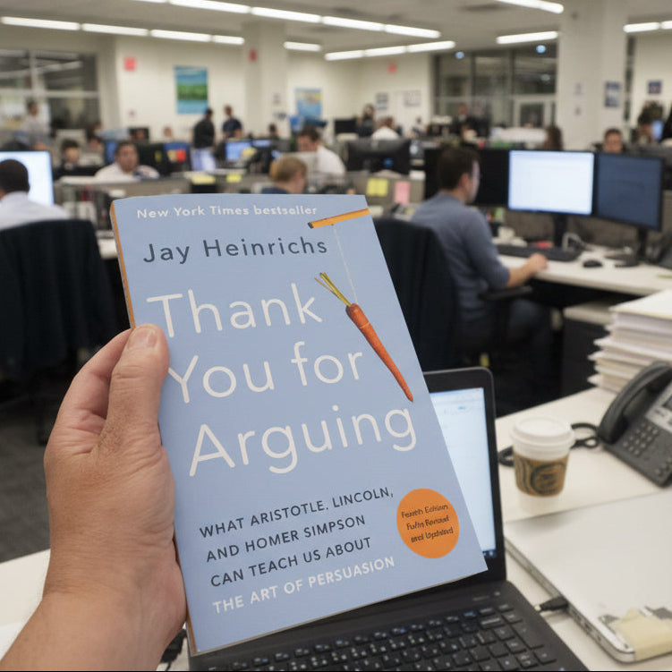 Hand holding a book titled 'Thank You for Arguing' with a laptop and box in the background.