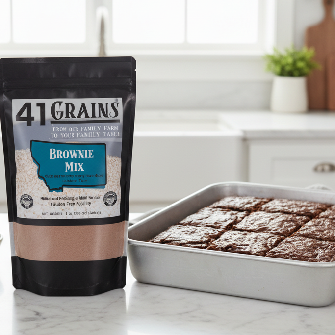 41 Grains brownie mix package with baked brownies on a tray