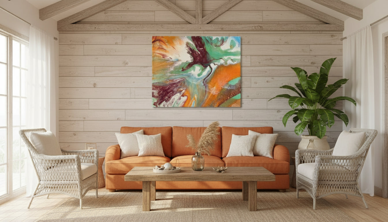 Living room with orange sofa, wicker chairs, and a colorful abstract painting on a wooden wall.