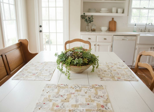 scripture placemats on a white table