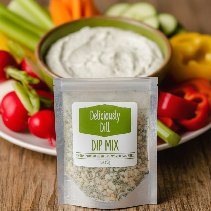 Dip mix package with a bowl of dip and vegetables on a white background