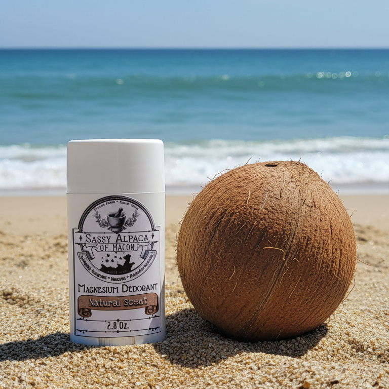 Sassy Alpaca deodorant stick on a dark background