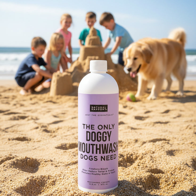 Bottle of 'The Only Doggy Mouthwash Dogs Need' on a surface with a blurred background