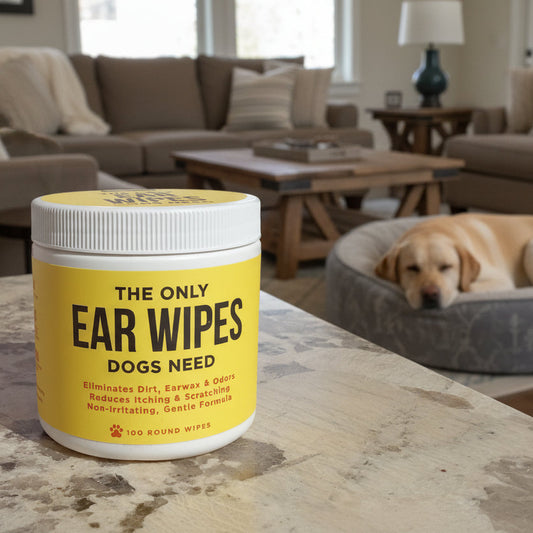 Jar of dog ear wipes with yellow label on a wooden surface