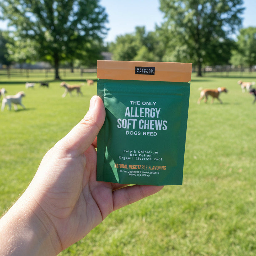 Hand holding a green package labeled 'The Only Allergy Soft Chews' against a grassy background