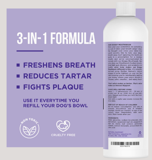 Doggy mouthwash freshens breath reduces tartar