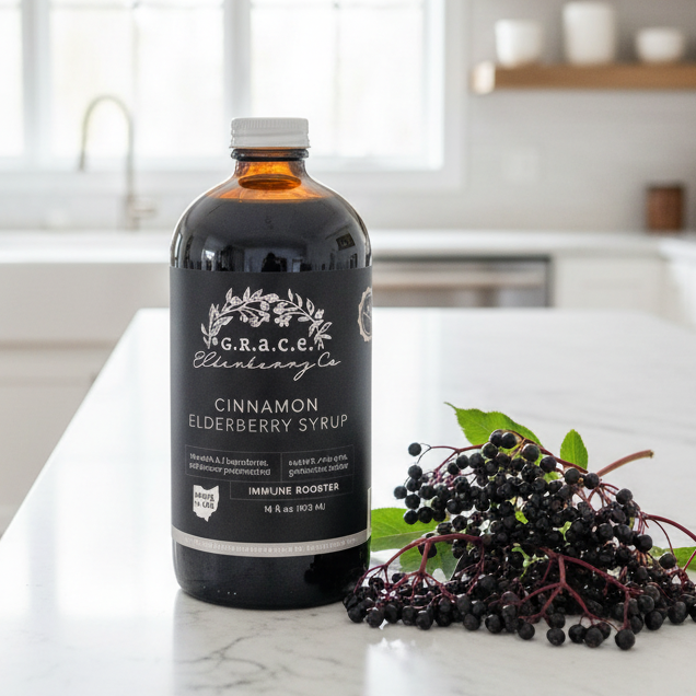 Bottle of G.R.A.C.E. Cinnamon Elderberry Syrup on a white background
