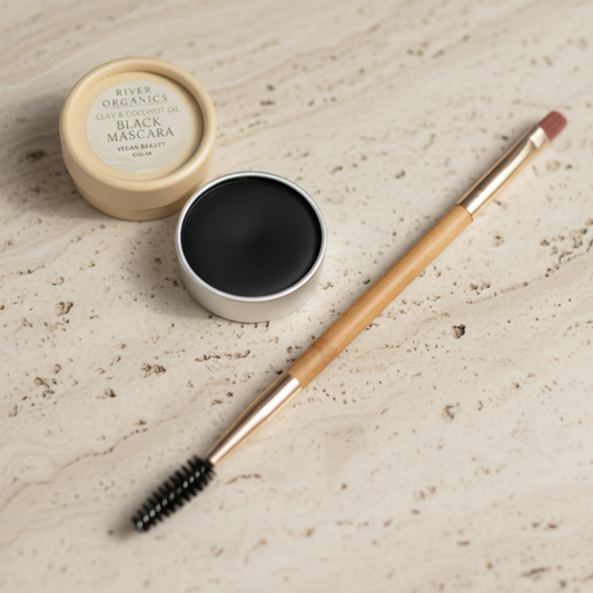 Eye lash/eye liner brush and vegan black mascara