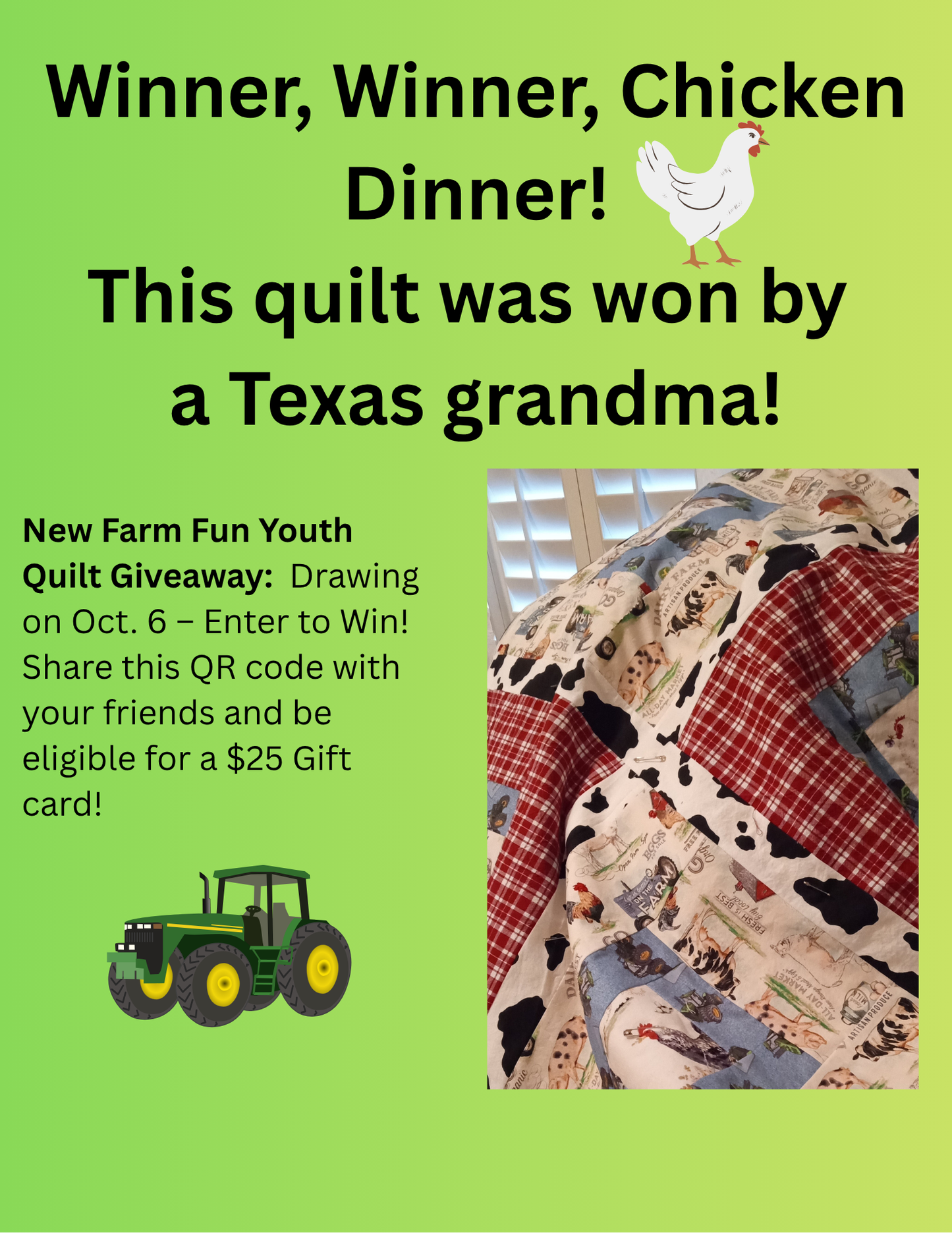 Farm Fun Youth Quilt. DRAWING ON MON. OCT6 - Drawing results video in the description