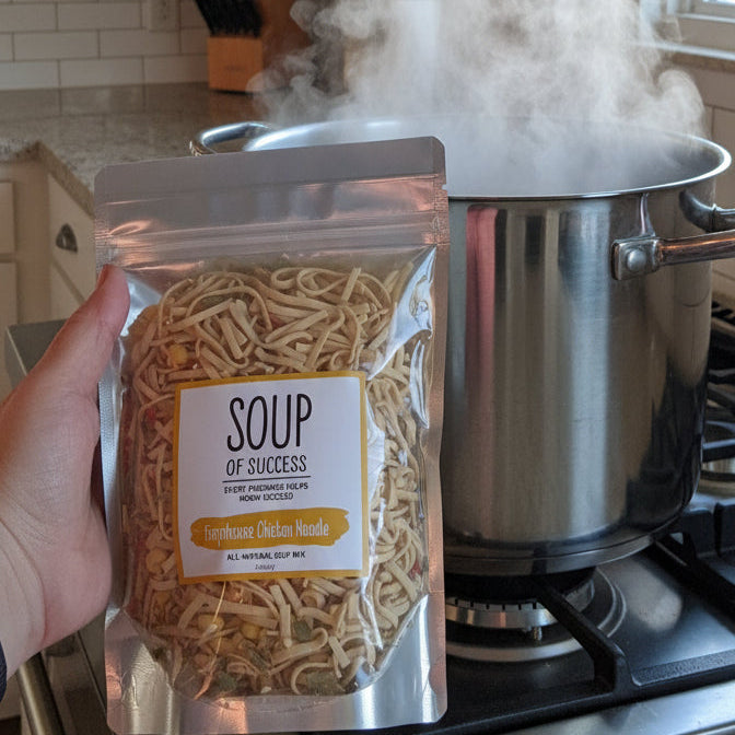 Packaged dried noodles held by a hand on a stone surface