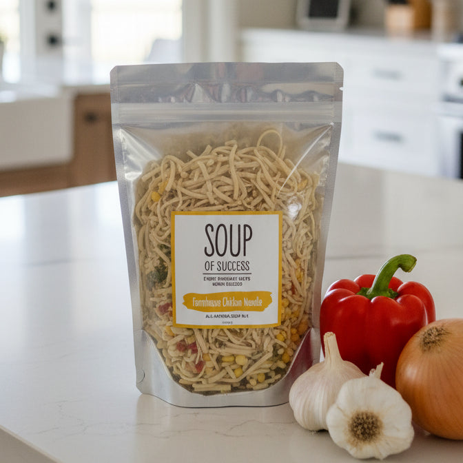 Package of dried soup mix on a countertop