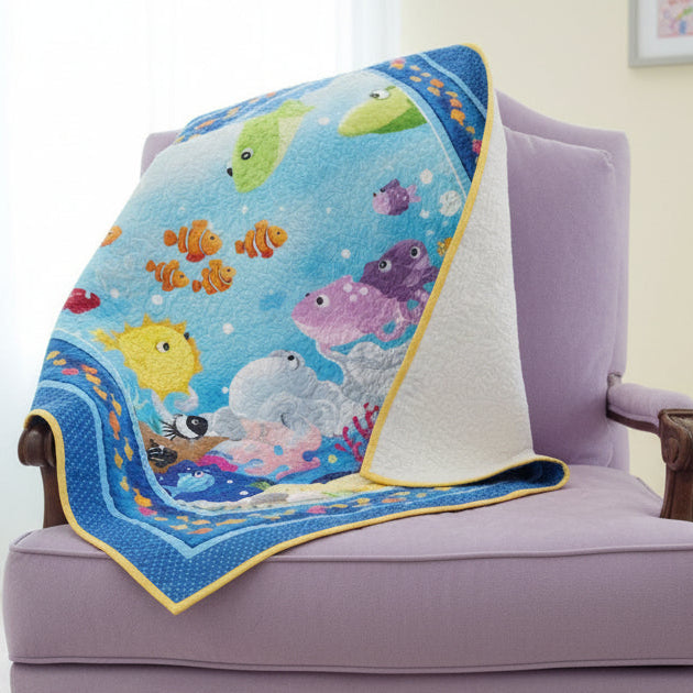 Children's blanket with cartoon characters draped over a chair.