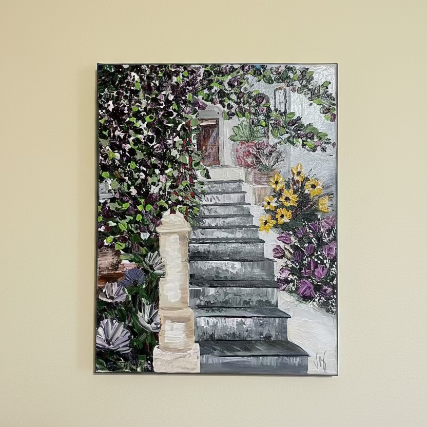 Garden steps that lead to a quiet courtyard